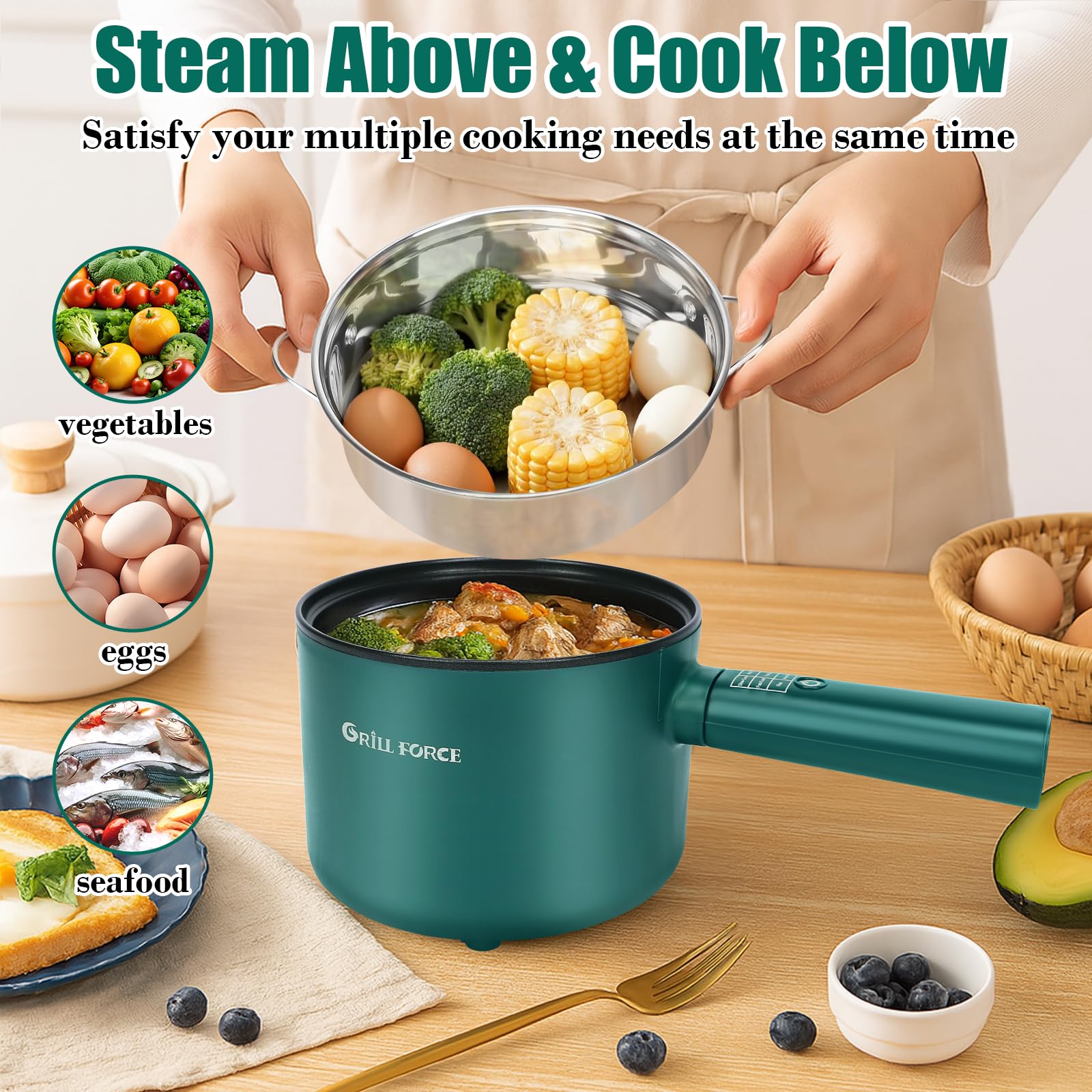 GRILL FORCE Hot Pot Electric with Steamer,6 Smart Modes, 1.8L Ramen Cooker, Portable Cooker, Non-Stick Frying Pan, Sauté Pan, Electric Pot for Pasta, Egg, Steak, BPA Free, College Dorm Room Essential