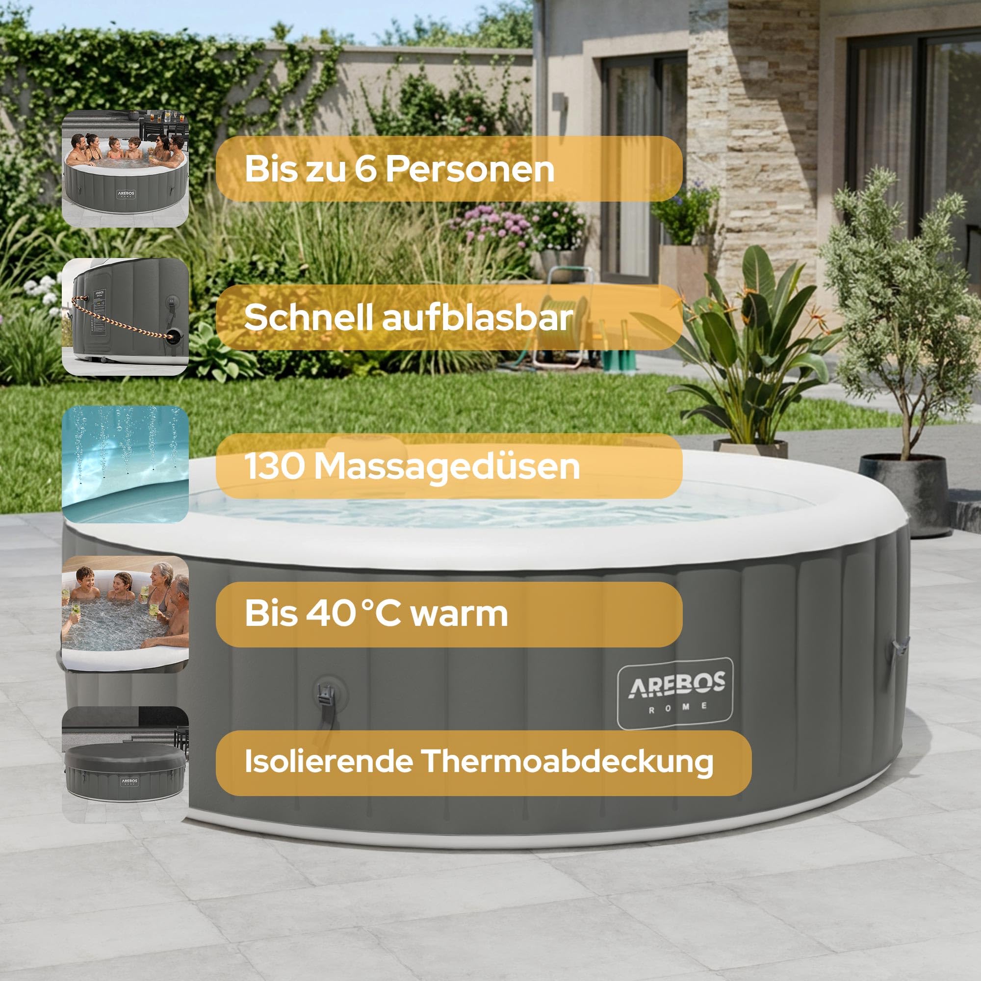 Arebos Whirlpool | aufblasbar | In- & Outdoor | 6 Personen | ⌀ 208 cm | 130 Massagedüsen | mit Heizung | 1.000 Liter | Inkl. Abdeckung | Bubble Spa & Wellness Massage 2