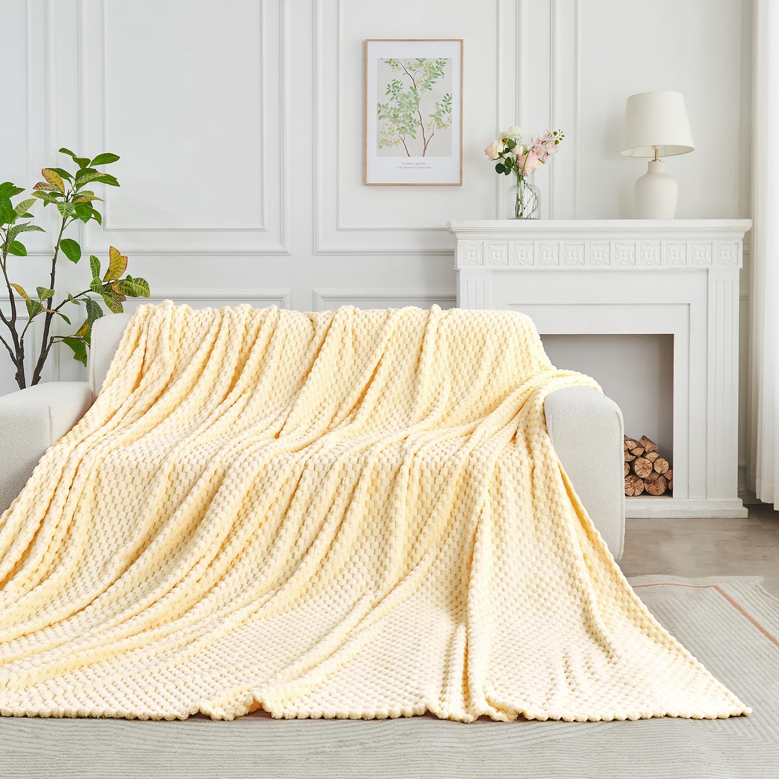 FY FIBER HOUSE Oversized King Blanket 120" x120" Seamless Extra Large Bed Blanket 10' x 10' Super Soft Plush Fuzzy Huge Blankets for Couch Office Sofa, Light Yellow Image