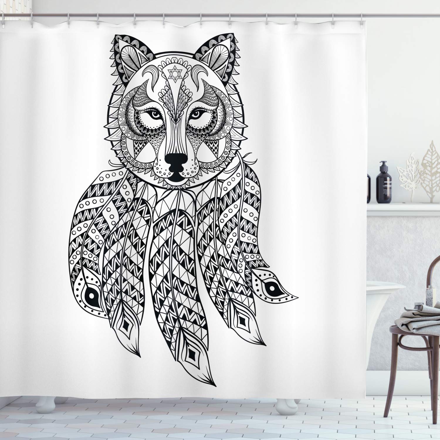 ABAKUHAUS Tribal Shower Curtain, Native American Style Ethnic Wolf Head with Feathers and Paisley Details Print, Cloth Fabric Bathroom Decor Set with Hooks, 78 Inches, White and Black — image 1