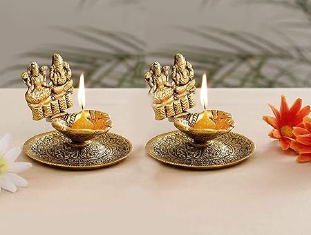 White Box Metal Laxmi Ganesh Hand Diya Set of 2 for Pooja or as Puja Article Hath Deepak (3X3 inch, Gold, Pack of 2)