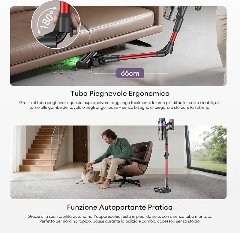 55Kpa/80Min Aspirapolvere Senza Fili U18, Scopa Elettrica Senza Fili Potente con Tubo Pieghevole, Filtrazione Multi-Cono,Display Intelligente, Anti-Groviglio per Peli Animali/Pavimenti/Tappeti