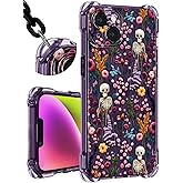 Toycamp for iPhone 14 Case with Strap for Women - Cute Funny Fashion Girls Girly Skull Flower Pattern Design for iPhone 14 Phone Case with Wrist Lanyards Four Corners Hang Style