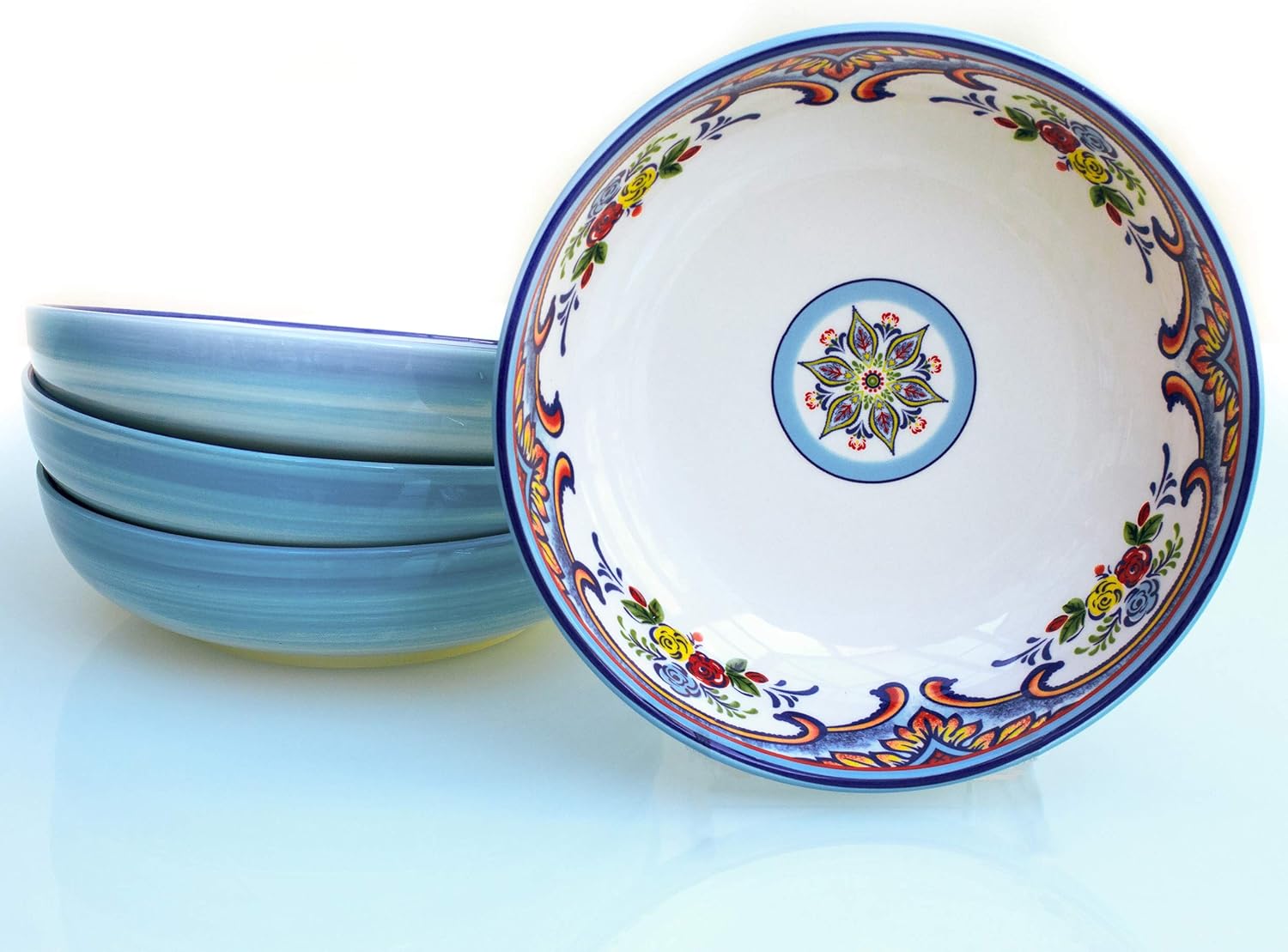 Euro Ceramica Zanzibar Collection Pasta Bowls, Set of 4, Spanish Floral Design, Multicolor Blue: Kitchen & Dining