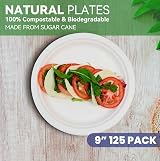 GreFusion 9 Inch Strong Paper Plates 125 Pack Sugarcane Eco Friendly White view 2