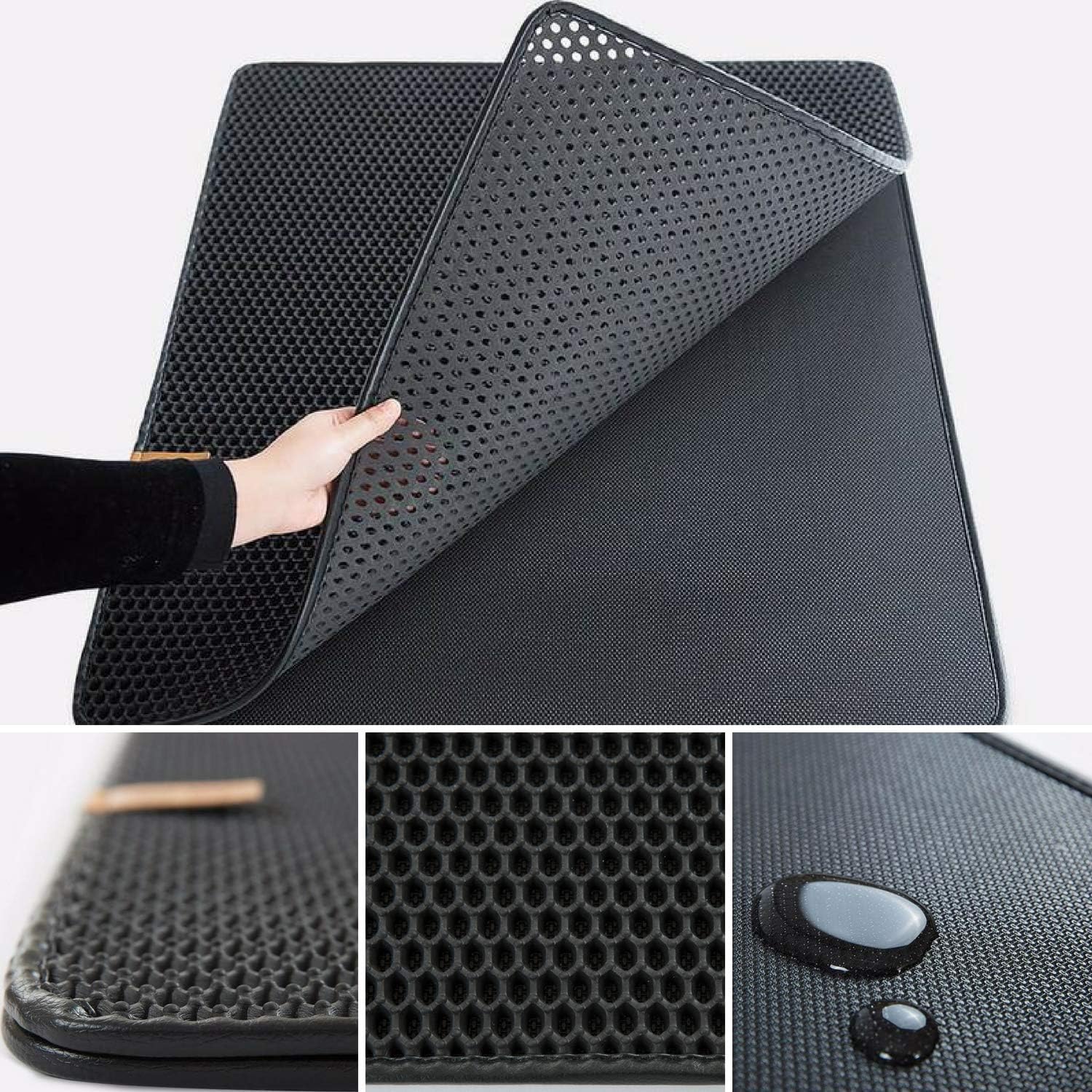 Smiling Paws Pets Cat Litter Trapper Catcher with Double Layer Honey Comb Design and Non-Absorbent Leather Edge by, 28 x 24”, Black | Urine Proof, Odor Resistant, Prevents Litter Scatter
