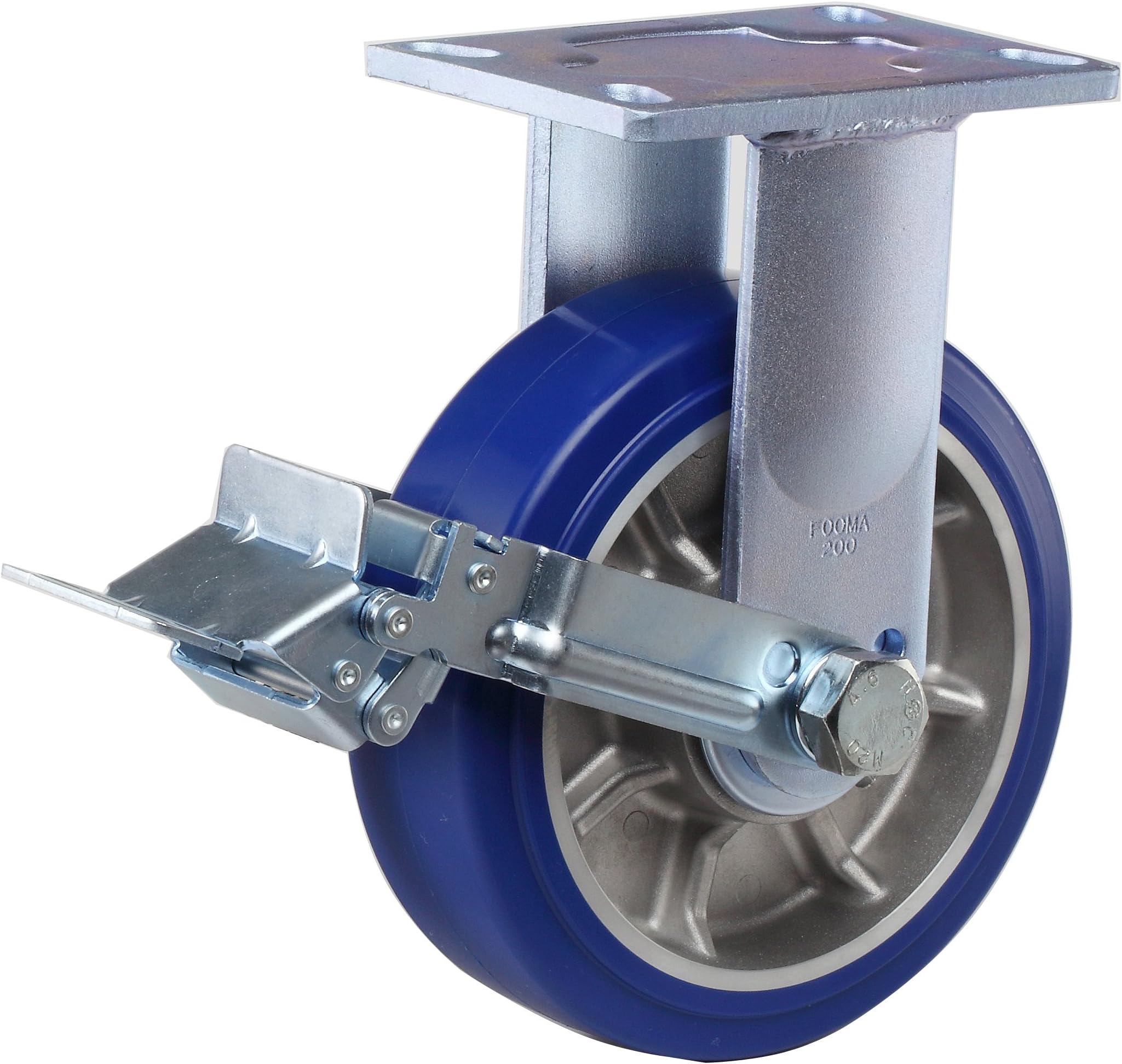 FOOTMASTER GF-200B-RF-MUD 8" Diameter High Quality Polyurethane Top Plate Caster, Rigid with Wheel Brake, Dual HD Precision Bearing, 10-1/8" Mounting Height, 6-1/4" Plate Length, 4-1/2" Plate Width, 1875 lb Capacity Range