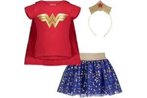 DC Comics Justice League Wonder Woman Girls Costume T-Shirt Tulle Skirt Headband and Cape 4 Piece Set Toddler to Big Kid