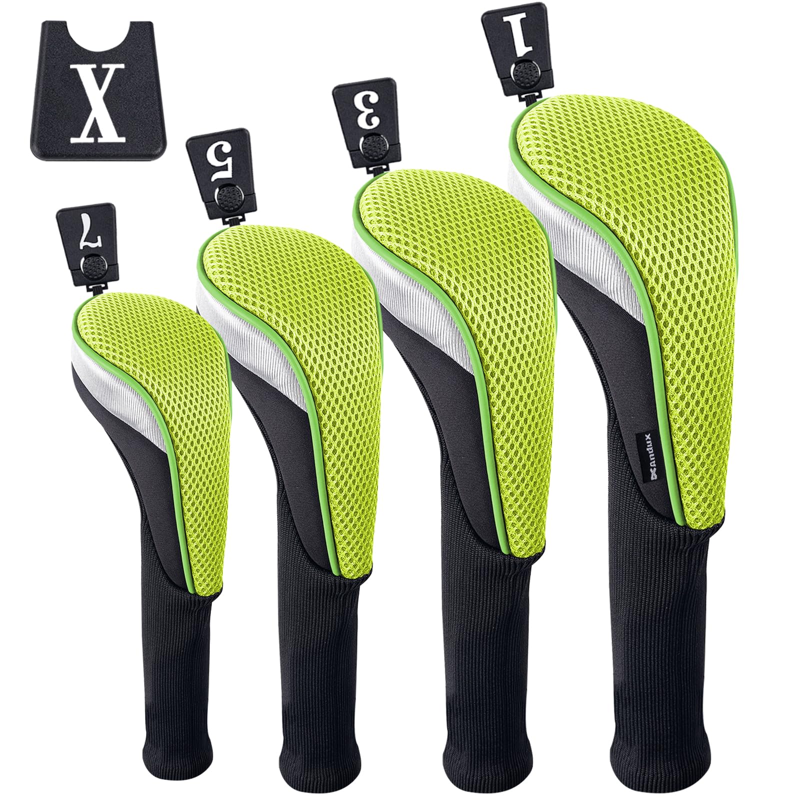 Andux 4pcs/Set Golf Fairway Wood Club Head Covers 460cc Driver with Long Neck Green