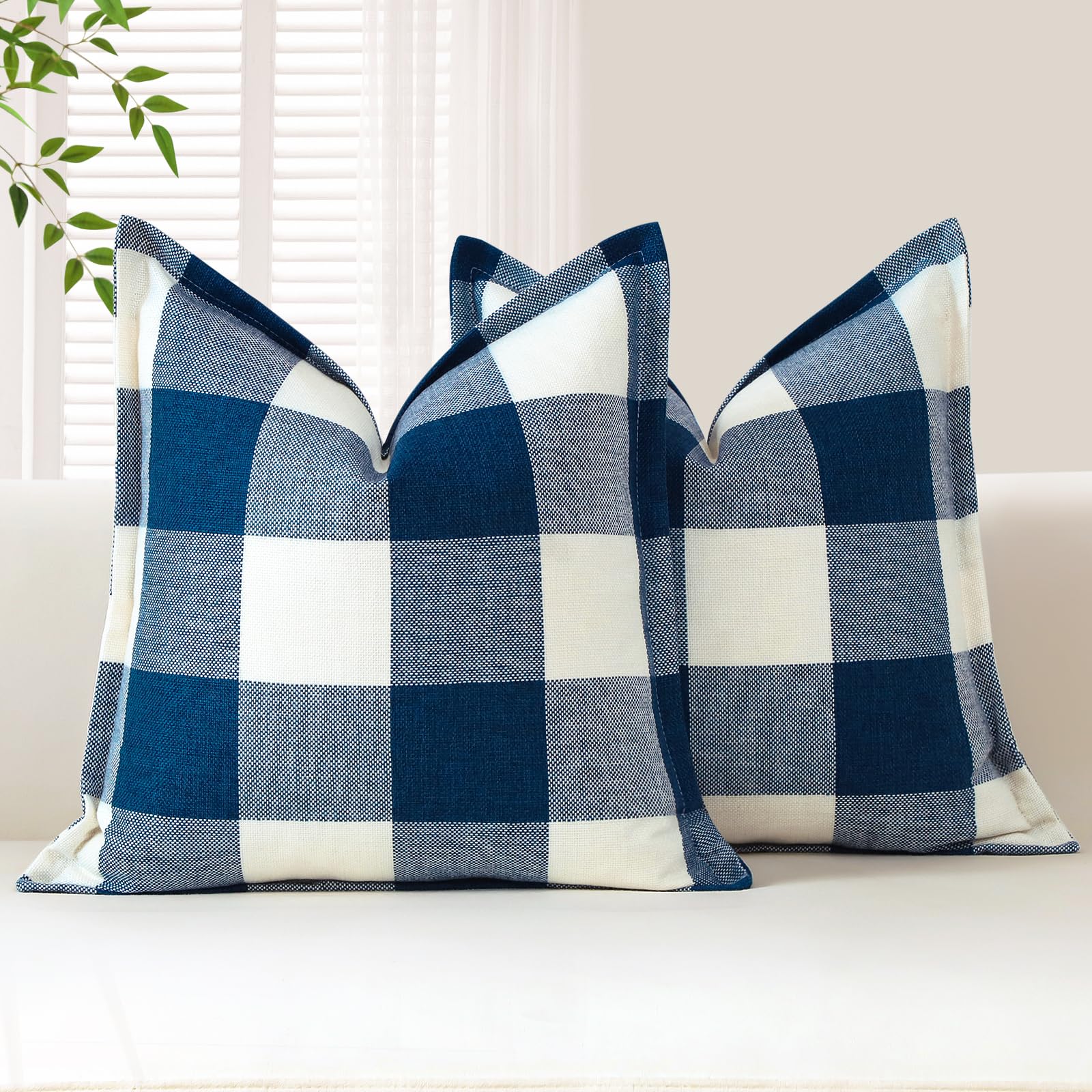 Sungeek Buffalo Check Plaid Cushion Covers 60 x 60 Set of 2 Linen Christmas Tartan Decorative Square Pillow Covers with Stitched Edge for Sofa Couch Bed Living Room 24x24 Inch (Blue)