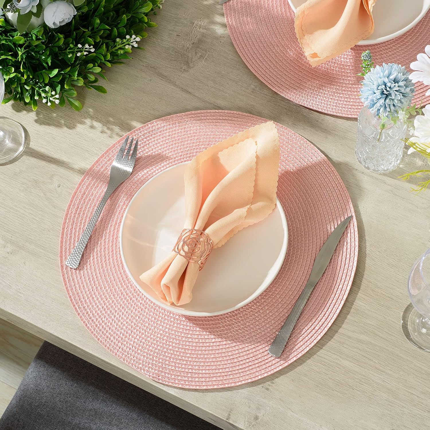 AHHFSMEI Round Braided Placemats 15 Inch Round Table Mats for Dining Tables Woven Heat Resistant Place mats Set of 6 (Pink): Home & Kitchen
