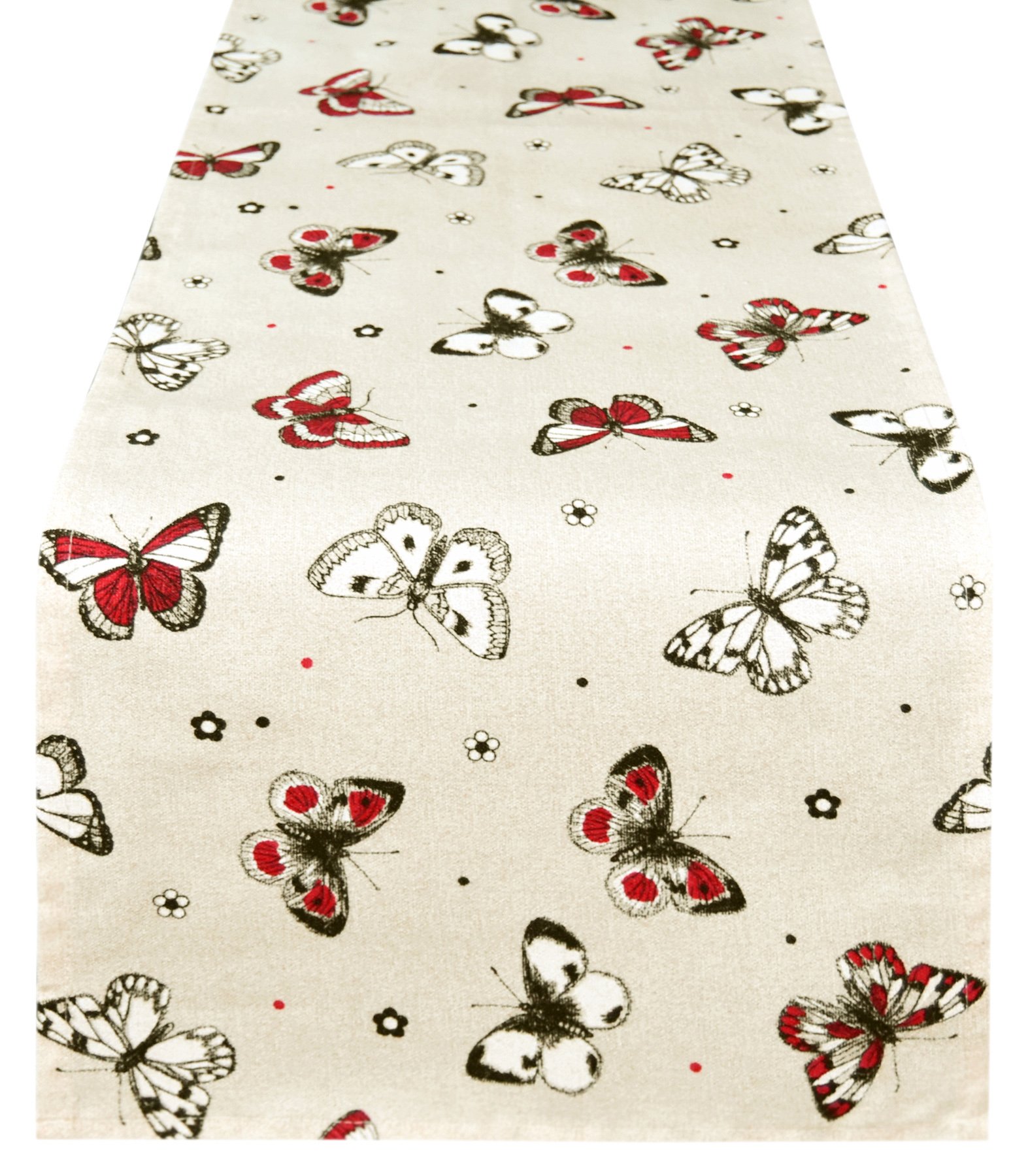 Lashuma® Red Butterfly Decorative Kitchen Collection – Table Cloth, Runner, Apron, Oven Mitt, Pot Holder, Placemat Bread Basket Cushion, Tea Towel, 100% Cotton, beige/red, Tischläufer 120 x 30 cm