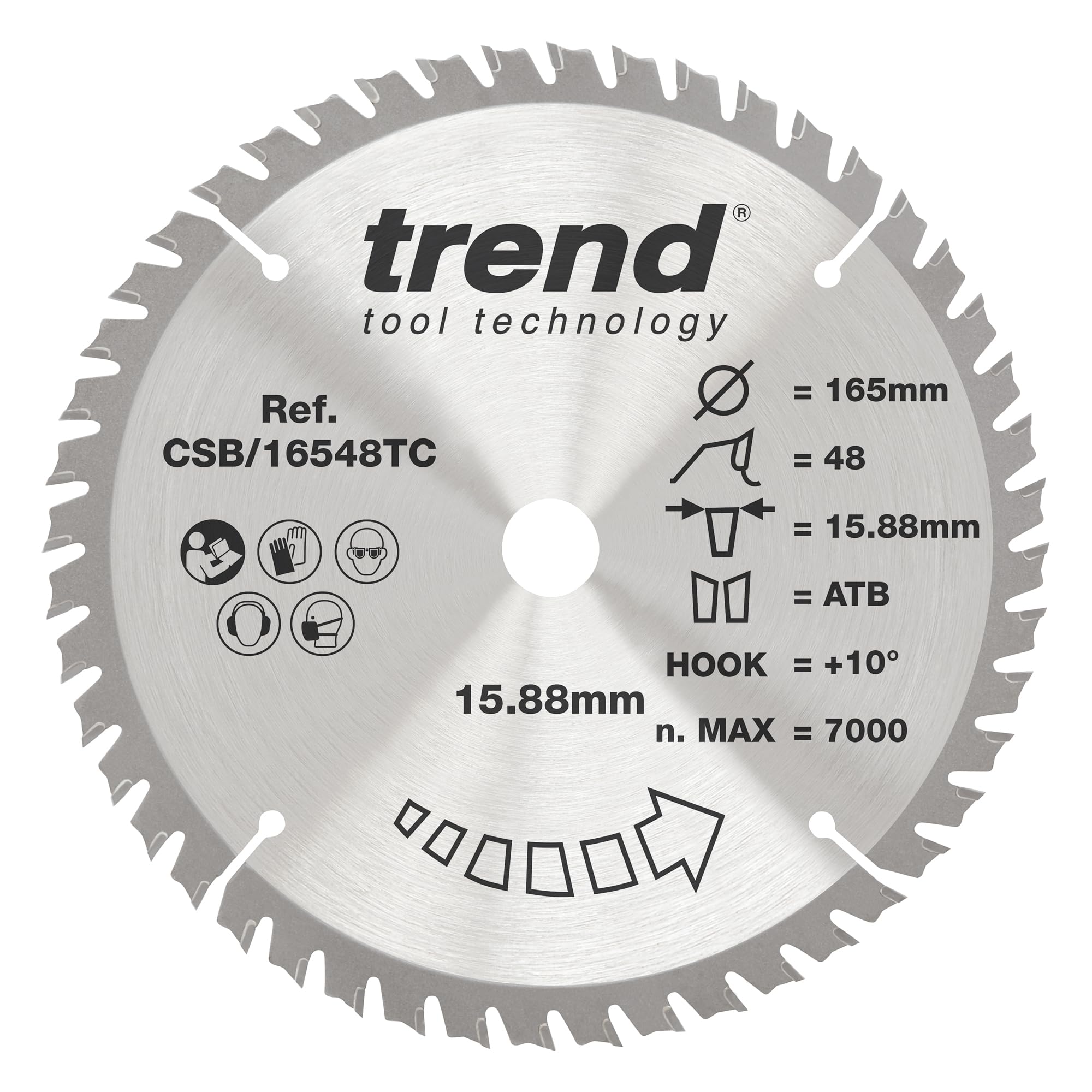 Trend Wood Cordless Circular Saw Blade, 165mm Diameter, 15.88mm Bore, 48 Teeth, 1.6mm Kerf, +10° Hook, TCT, Fine Finish, CSB/16548TC