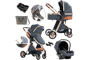 Nine point nine 3 in 1 Baby Stroller Travel System Combo Set, Reversible Infant Stroller with Aluminum Frame, Convertible Toddler Newborn Pram Carriage of One-Click Folding (UDV9-BLUE with Base)