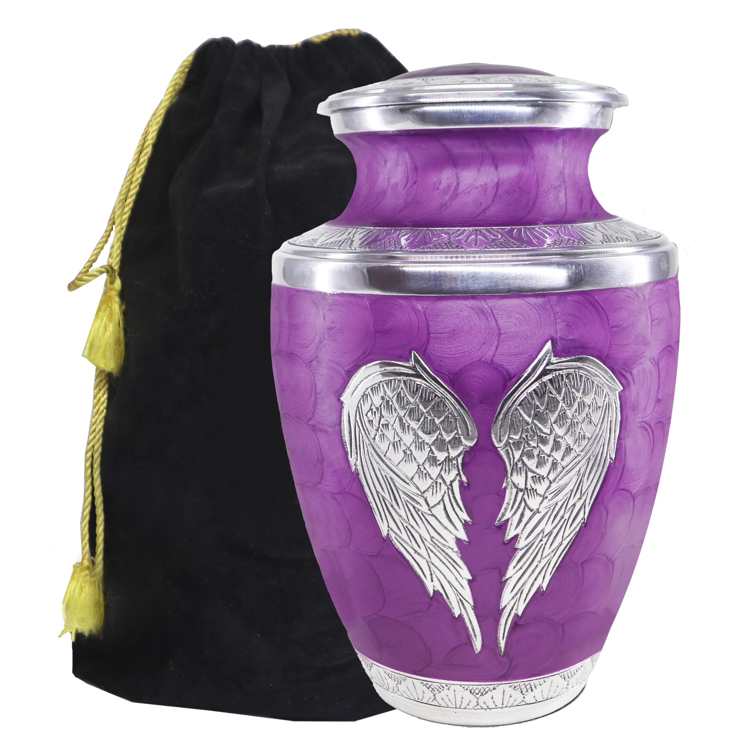 Photo 1 of M MEILINXU Urn for Ashes for Woman & Male, Cremation Urns for Human Ashes Adult Female & Man, Burial Urns, Decorative Urns for Funeral, Silver Engraved Angel Wings, Purple Urns for Woman - Large