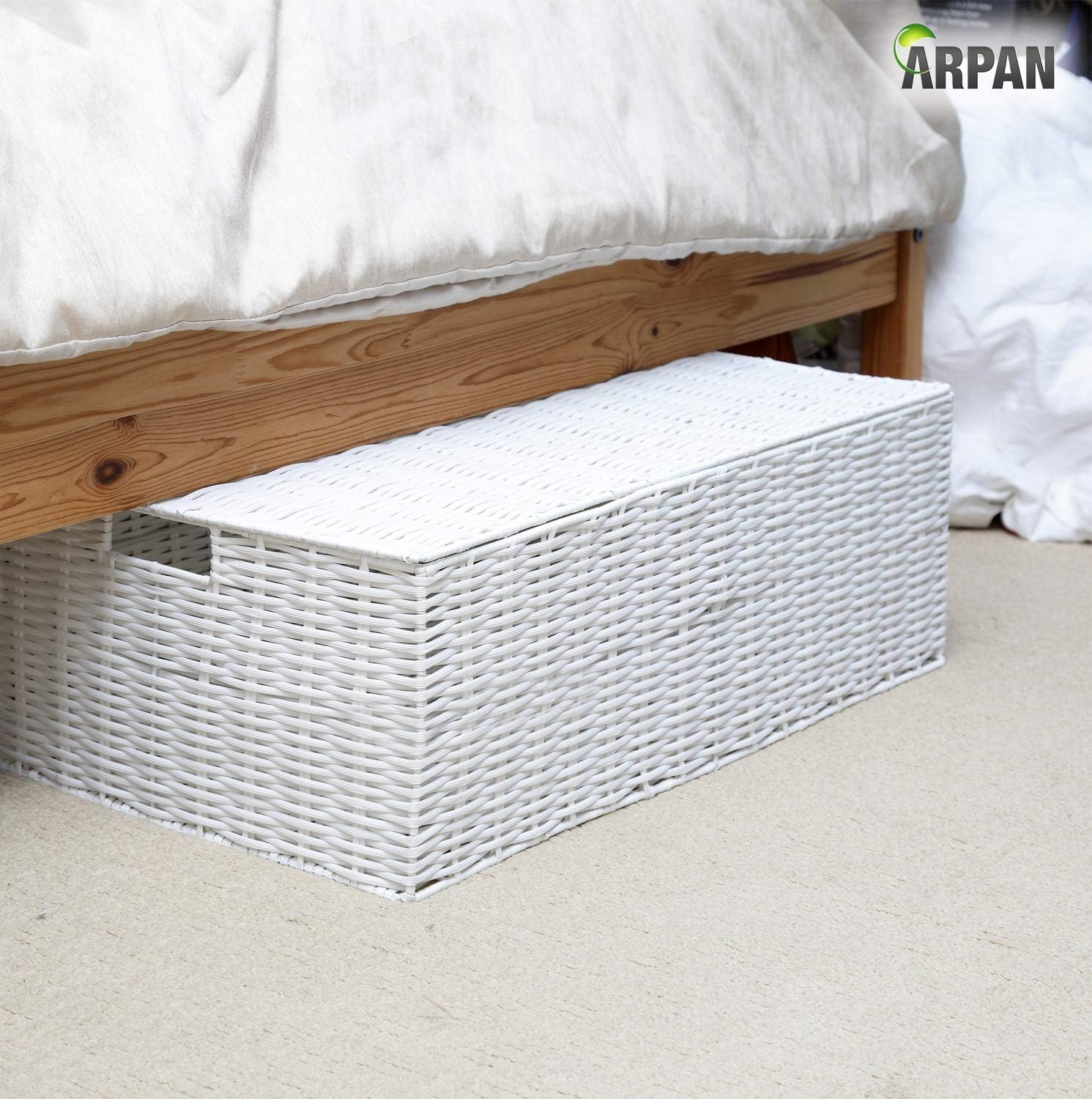 ARPAN Resin Woven Under Bed Storage Box, Chest Shelf Toy Clothes Basket With Lid - White (Set of 2 - Large) - Image 4