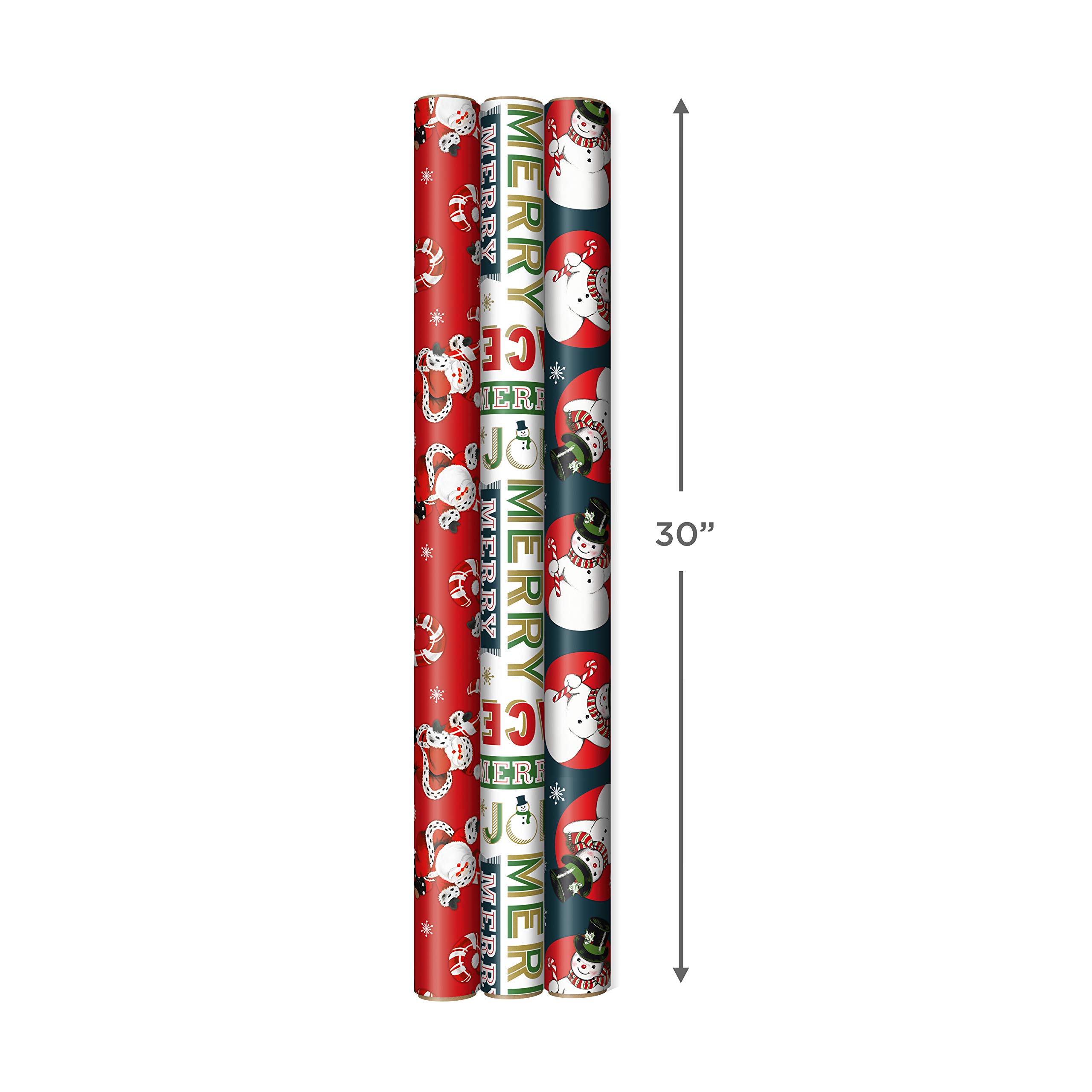 Hallmark Vintage Christmas Wrapping Paper Cut Lines on Reverse (3 Rolls: 120 sq. ft. ttl) Dancing Santas, Classic Snowman, 