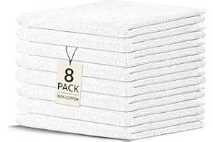 Crystal Ridge 100% Cotton Premium Wash Cloths, 12"x12", 8 Pack, Soft Feel, Absorbent Multipurpose Towels for Bathroom, Kitchen and Gym. Face & Body Washcloths, Bar Towels (8, White)
