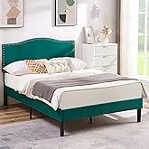 VECELO Full Bed Frame, Platform Bed Frame with Adjustable Height Upholstered Headboard, Heavy-Duty Frame and Strong Wooden Slats Support, Non-Slip and Noise-Free, Easy Assembly, Dark Green