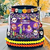 Blosssound 4 Pcs Halloween Day of The Dead Trunk or Treat Car Decor Kit | Mexican Day of The Dead Trunk or Treat Decor with Dia De Los Muertos Background Pull Flag Marigold Garlands for Car Garage