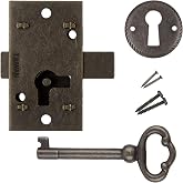 Small Antique Brass Flush Mount Cabinet Door Lock with Key - 1" Wide x 1 3/4" High - Vintage Lock and Key for Furniture Doors and Drawers | UA-030-LAB