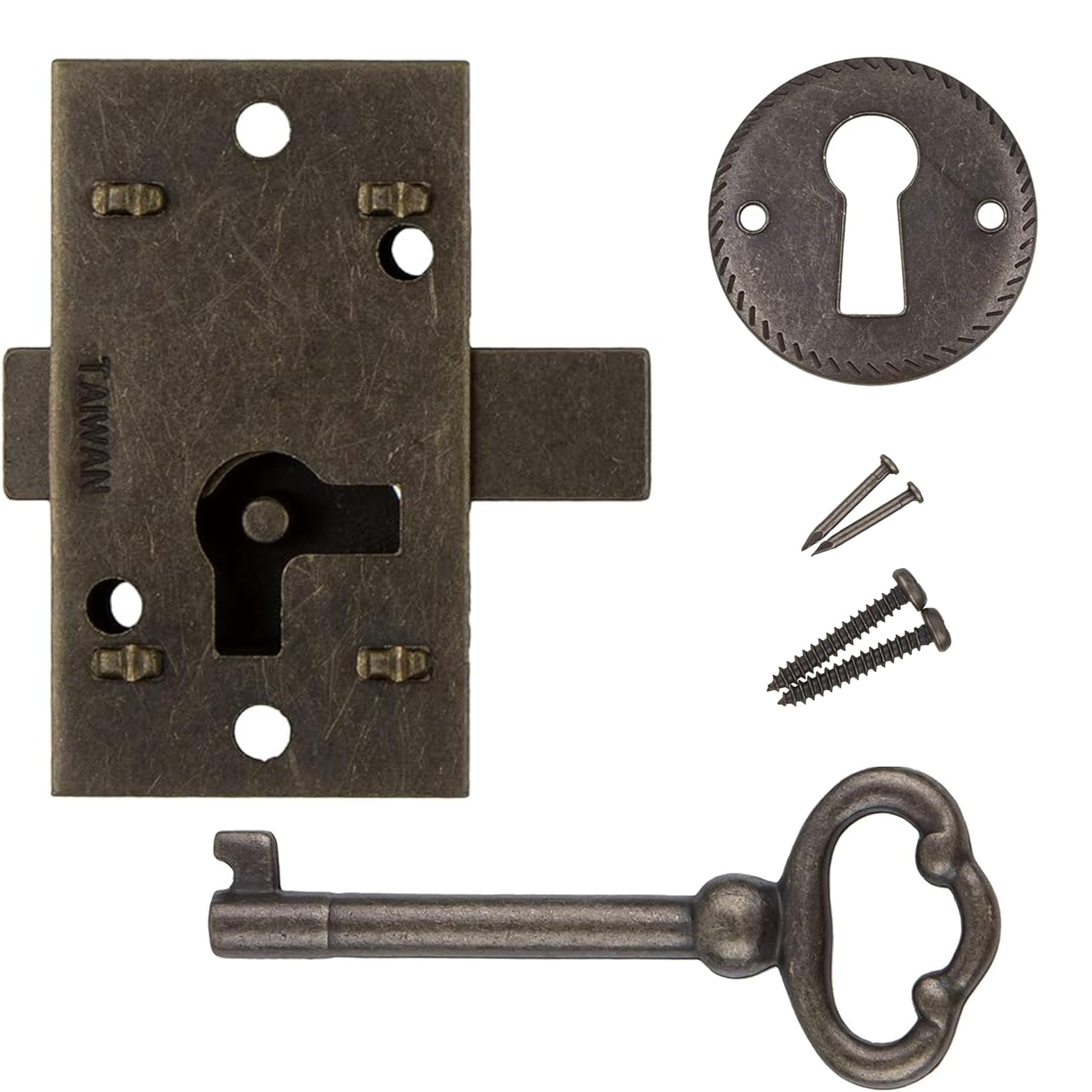 Photo 1 of Small Antique Brass Flush Mount Cabinet Door Lock with Key - 1" Wide x 1 3/4" High - Vintage Lock and Key for Furniture Doors and Drawers | UA-030-LAB
