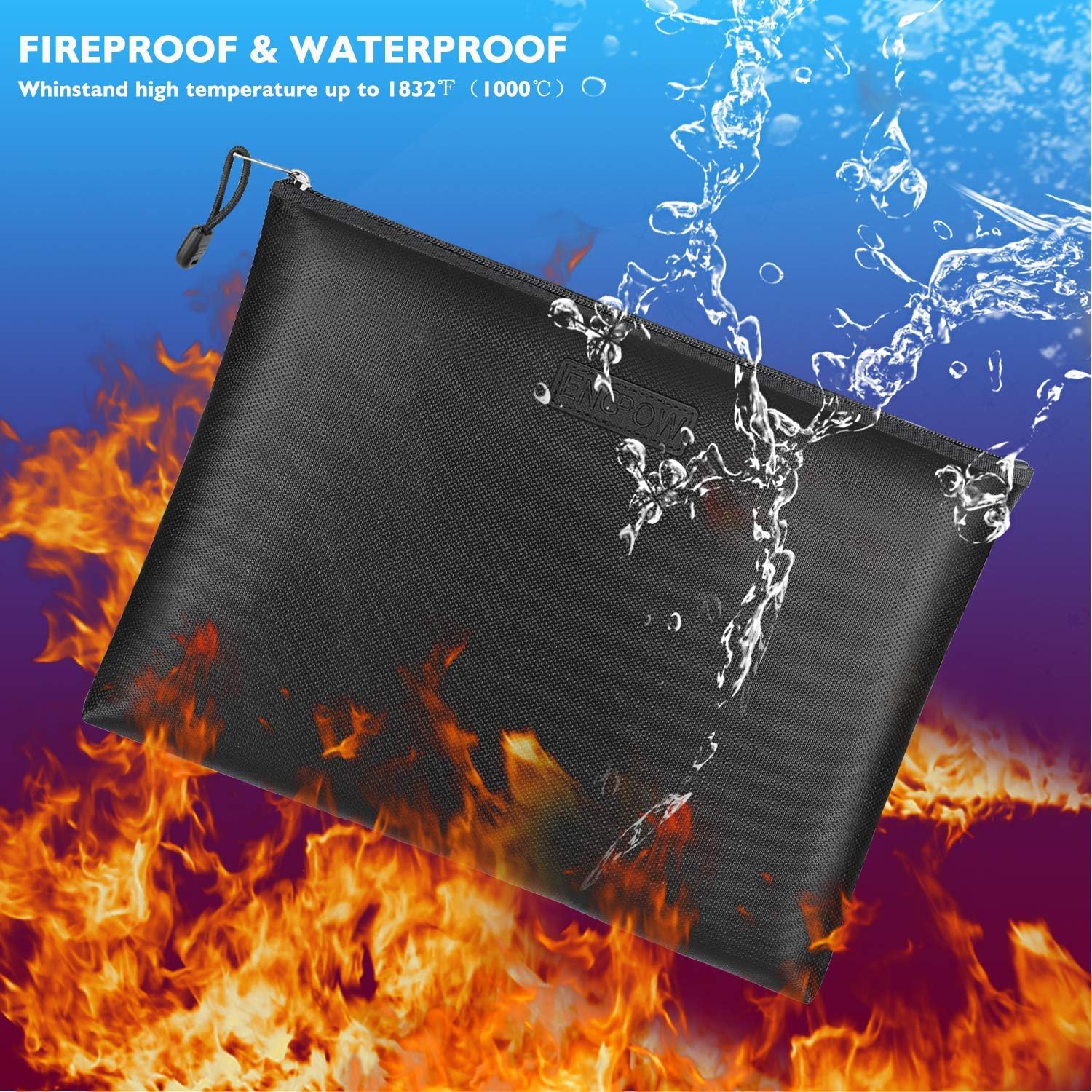 Fireproof Document Bags 2 Packs, 13.4x9.8 Inches Waterproof and Fireproof Money Bag, Fireproof Safe Storage Pouch with Zipper for A4 Document Holder, File, Cash and Tablet - - 