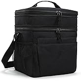 MIER Lunch Box for Men Expandable Insulated Dual Compartment Lunch Bag Leakproof Cooler Bag with Front and Back Pockets for Adult Work Travel Picnic Beach, Black