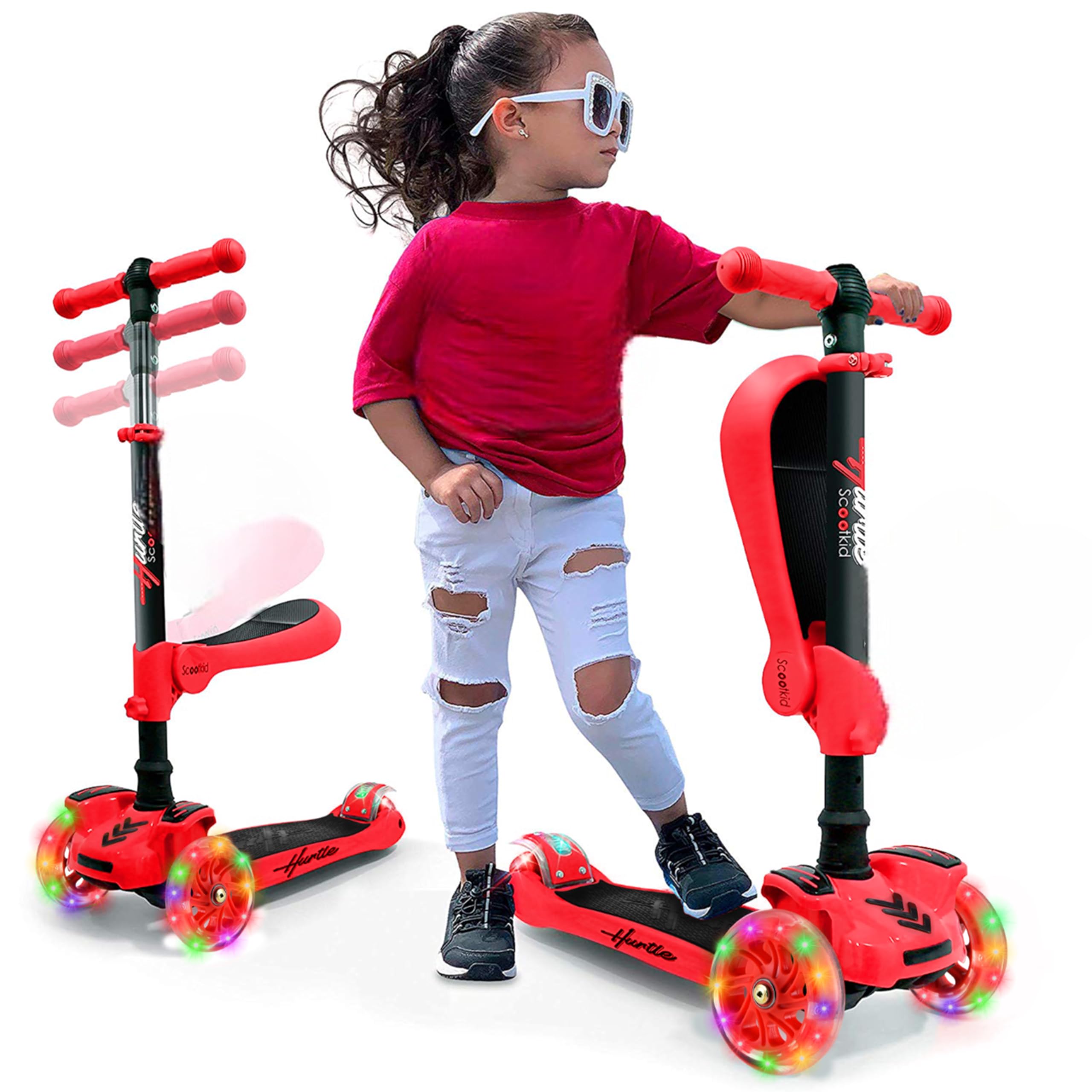 Hurtle 3 Wheel Try Scooter for Kids, Ages 2-12, with Flip-able Seat, Foldable Kick Toddler Scooter, Flashing Lights, Adjustable Height, Red