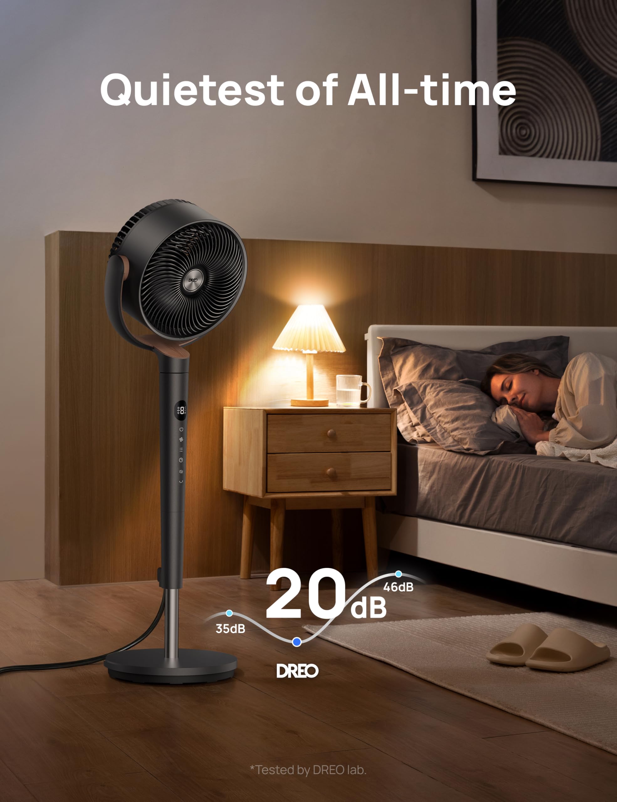 Dreo Fan for Bedroom, 120° Oscillating Standing Fans, Quiet Floor Fan with DC Motor, 100ft Pedestal Fans for Room, 9 Speeds, 4 modes, 20dB, 120° Manual Vertical, 37-42