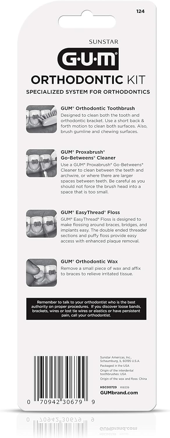 GUM Orthodontic Kit - Orthodontic Toothbrush, 3 Proxabrush Sizes, EasyThread Floss, and Mint Ortho Wax: Garden & Outdoor