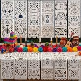 12 Pack Dia De Los Muertos Decor Mexican Table Runners, White | 29x10 Inch, Cielito Lindo Theme for Cinco De Mayo Fiesta Birthday Baby Shower, Paper Cutout Design, Reusable