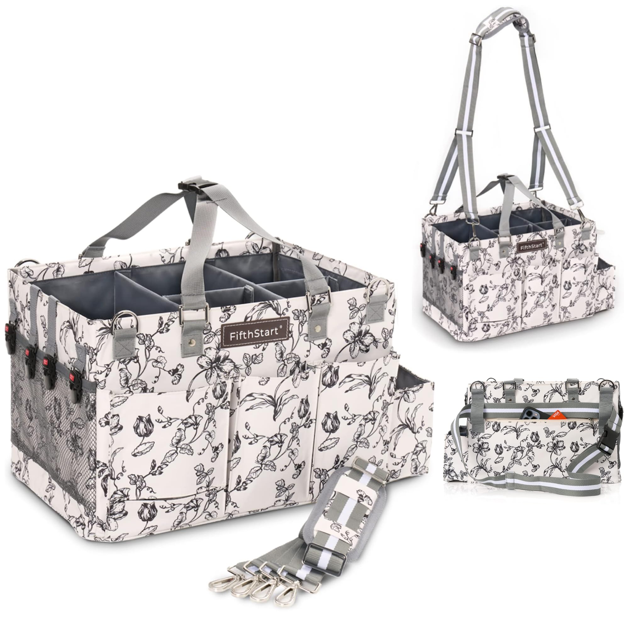 FifthStart Cleaning Caddy Organizer with Handle & Waist/Shoulder Straps - 9 Compartments & Mesh Base - Portable Cleaning Supply Caddy with Waste Bag Dispenser (Beige Floar, Large) Image