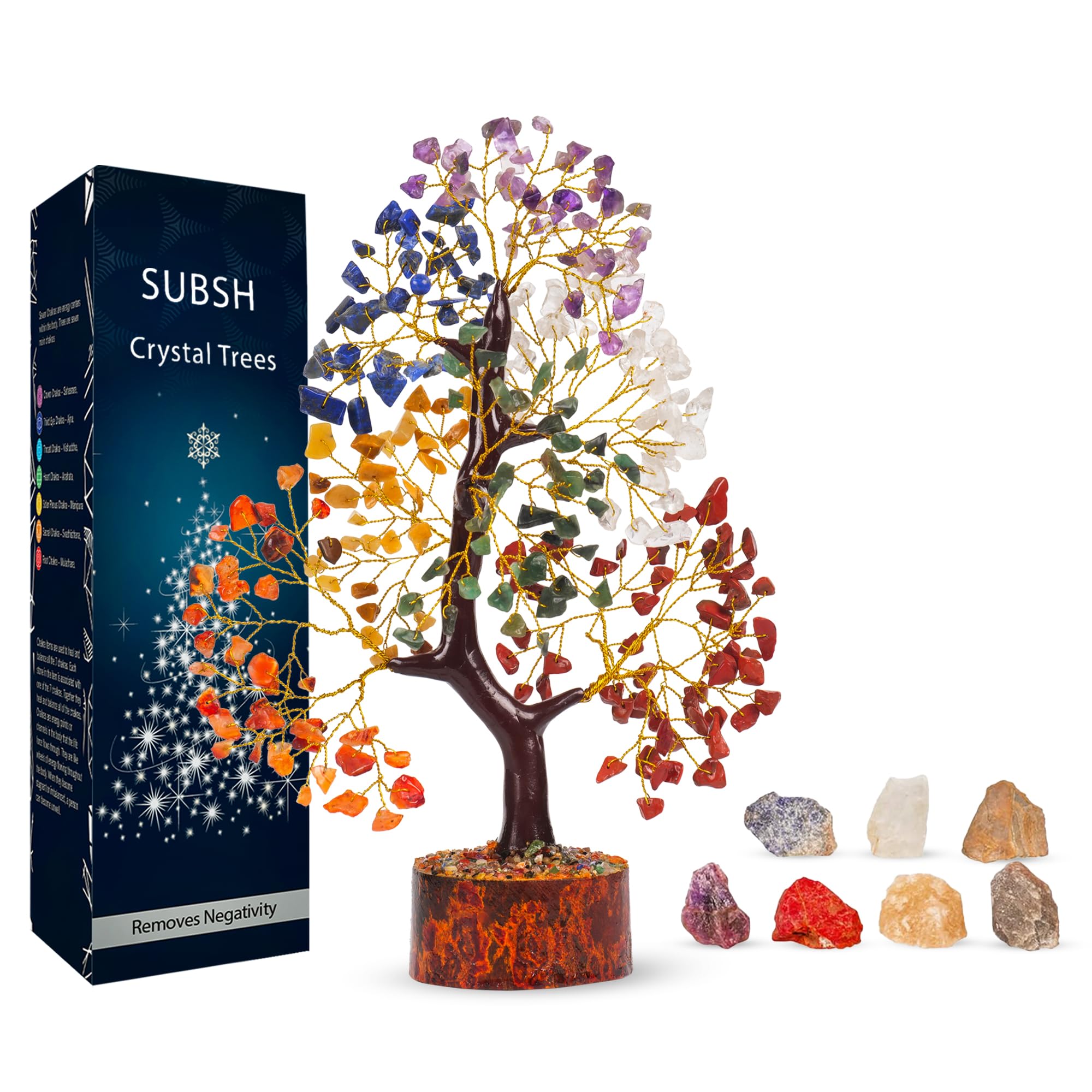 SUBSH Seven Chakra Money Tree Natural Healing Gemstone Crystal Bonsai Fortune for Good Luck, Wealth & Prosperity Home Office Decor Spiritual Gift (Golden Wire) Size 10-12 Inches