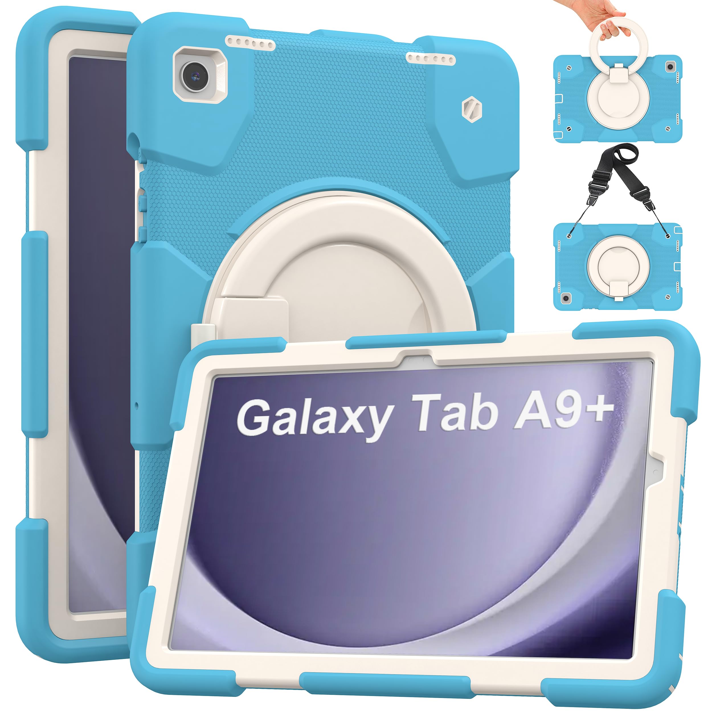 Photo 1 of Andnary Case for Samsung Galaxy Tab A9+, Heavy Duty Shockproof Cover with Pencil Holder/360° Rotating Handheld Stand/Shoulder Strap, A9 Plus Case 11 Inch 2023 for SM-X210/X216/X218, Blue