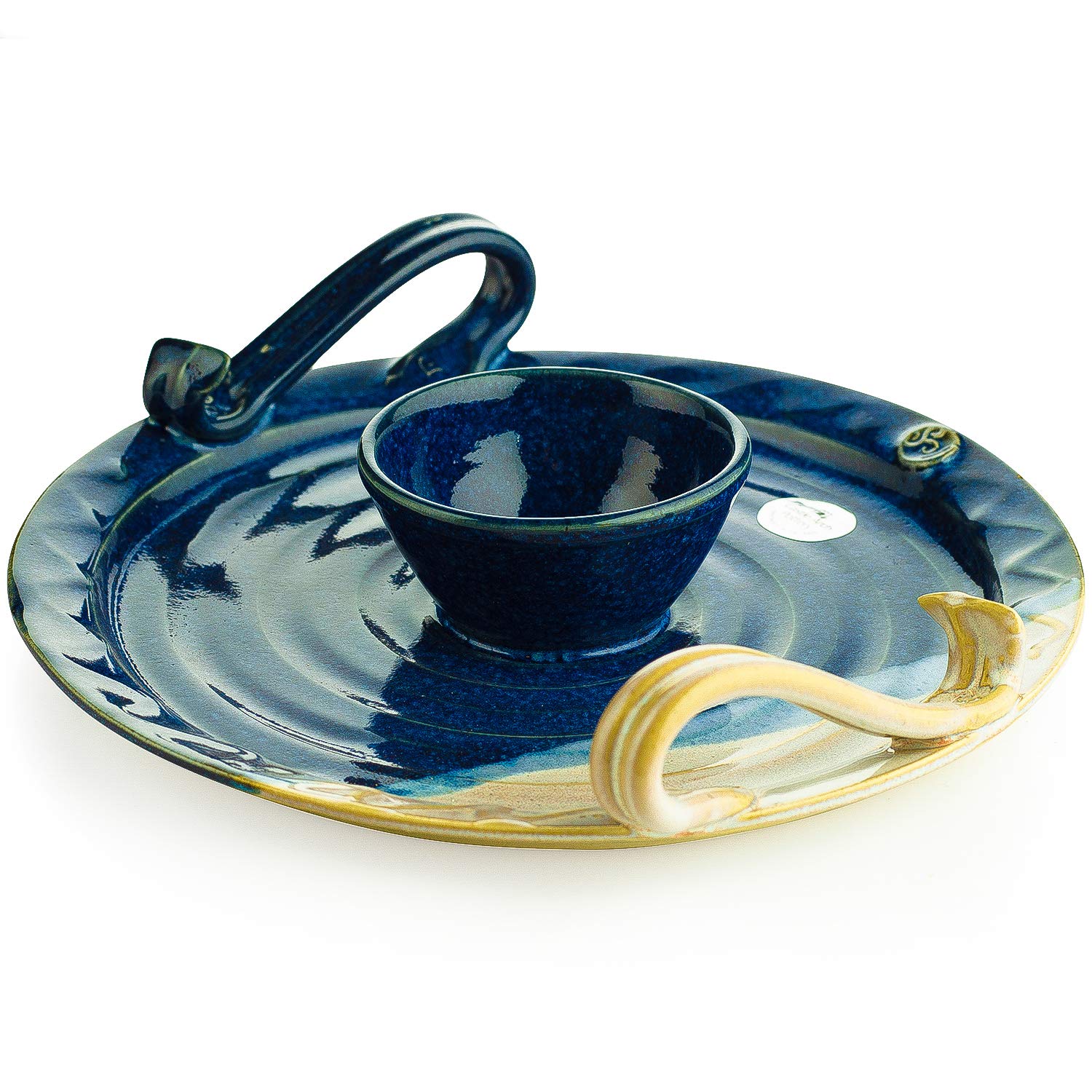 Handmade Party Platter with Dip Bowl. 9” Diameter Serving Plate with Celtic Spiral Logo. Original Irish Design Hand-Glazed for Durability and Quality of Finish (Blue)