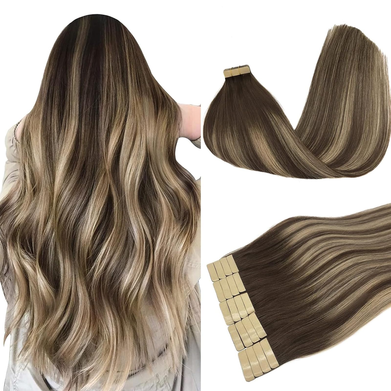 DOORES Tape in Hair Extensions Balayage Chocolate Brown to Honey Blonde 20 Inch 50g 20pcs Remy Human Hair Extensions Tape in Silky Straight — image 1