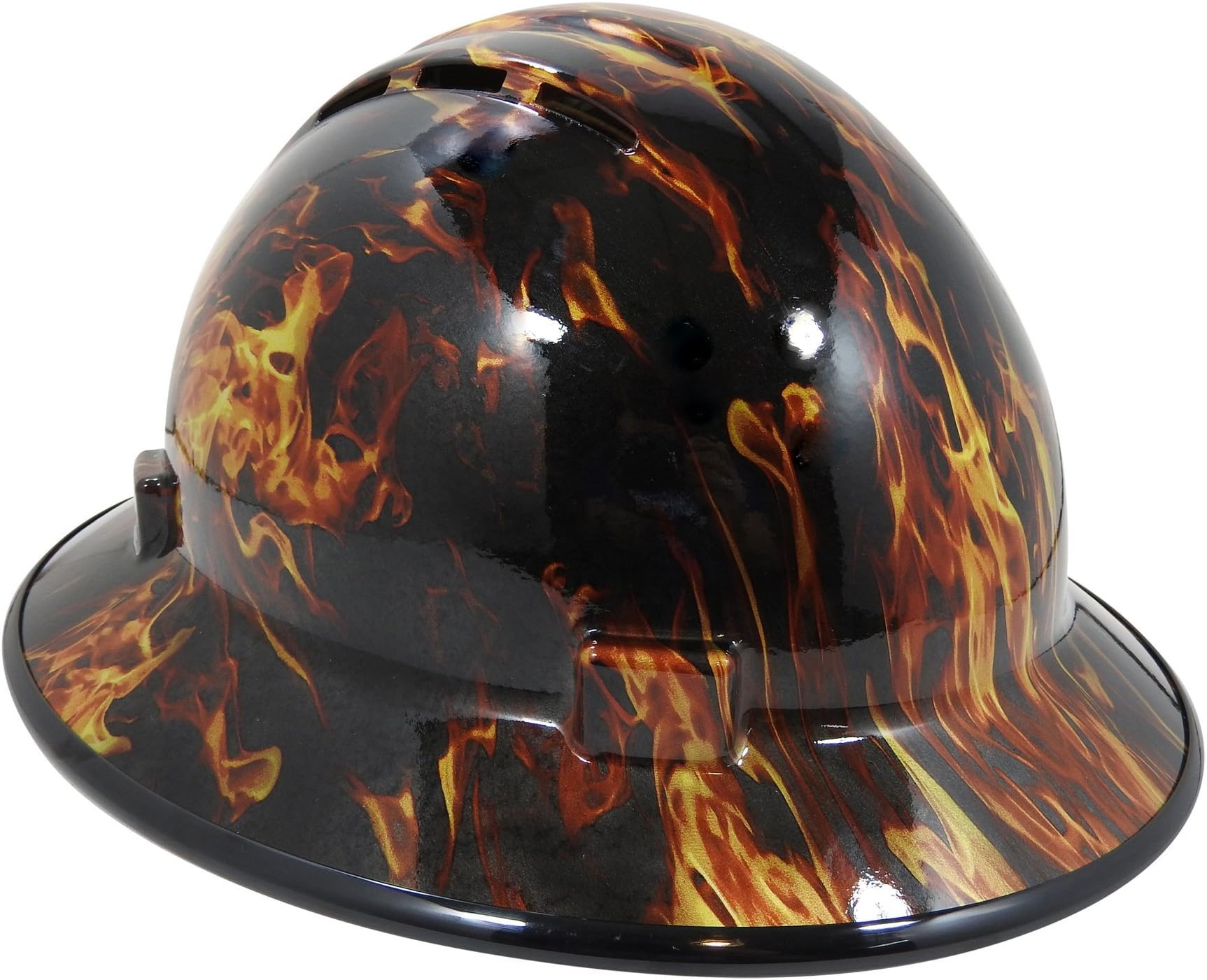 HardHatGear Custom Hydro Dipped VENTED Full Brim Hard Hat in Traditional Flames- Made in USA