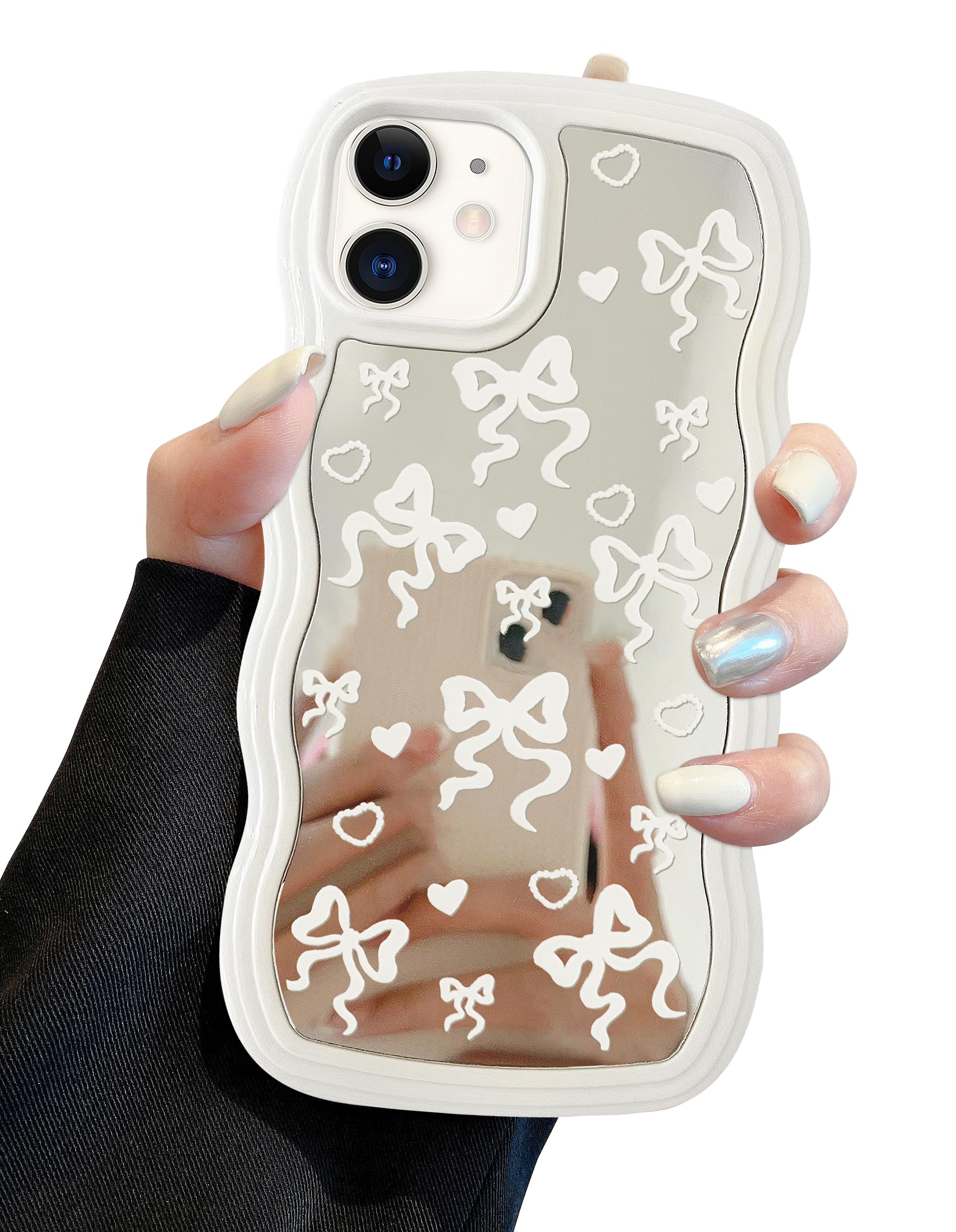 Jusy Compatible with iPhone 11 Case with Wavy Edge, Cute White Big Bow Mirror Curly Phone Cases, Shockproof Hard PC & Soft TPU Bumper Protection Cover for Women Girls-Big Bow