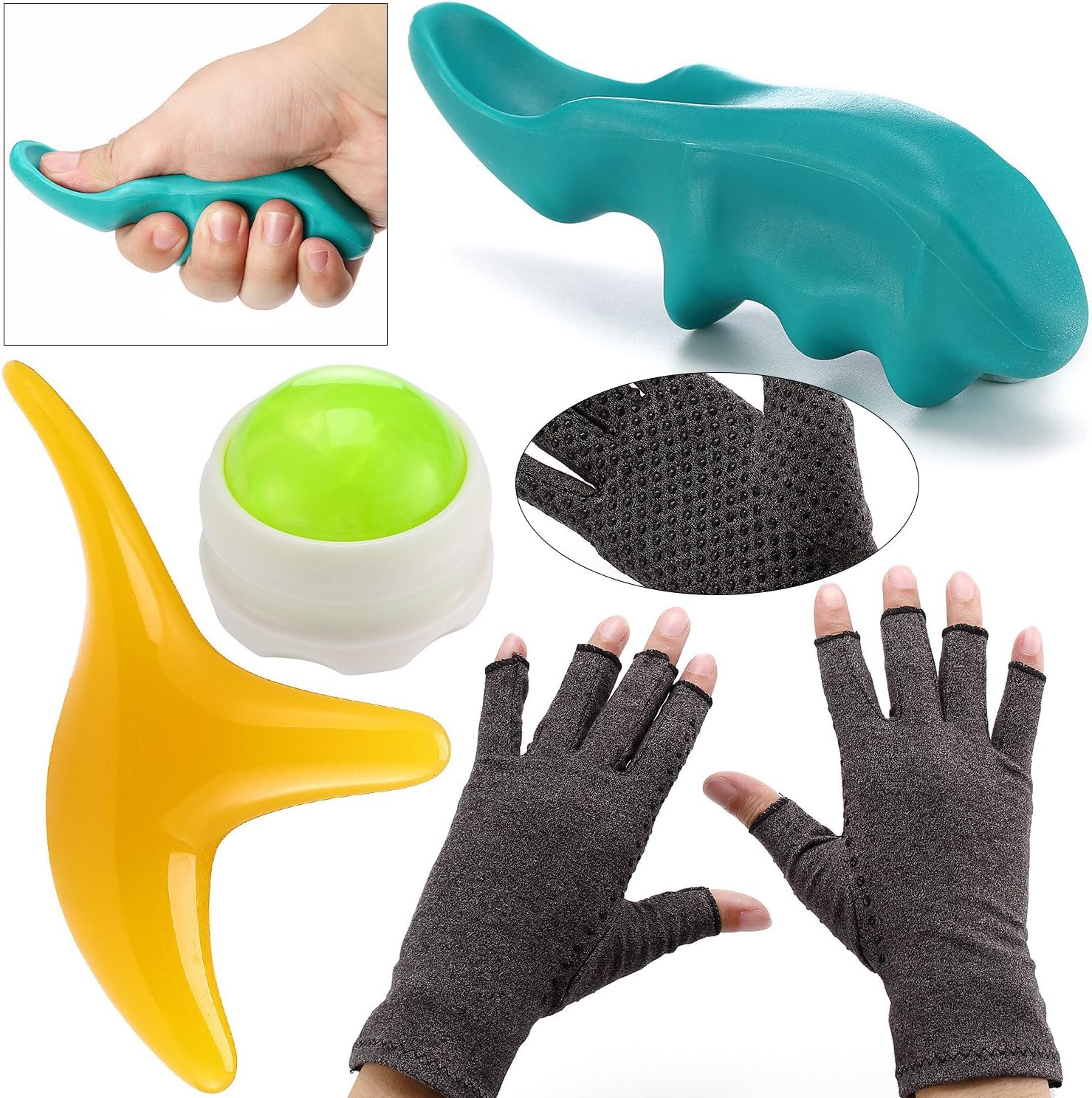 Wailea Fitness Massage & Arthritis [Pain Relief Set - Medium] Compression Gloves (1 Set) for Joint Pain + Muscle Roller Ball (1) + Deep Tissue Thumb (1) + Deep Tissue Accupressure Tool (1)