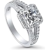 BERRICLE Silver Halo Princess Cut CZ Engagement Promise Split Shank Ring | 925 Sterling Silver, 1.6CT Cubic Zirconia, April Birthstone, Nickel Free, Fake Wedding Rings, Trendy Fashion Jewelry for Her