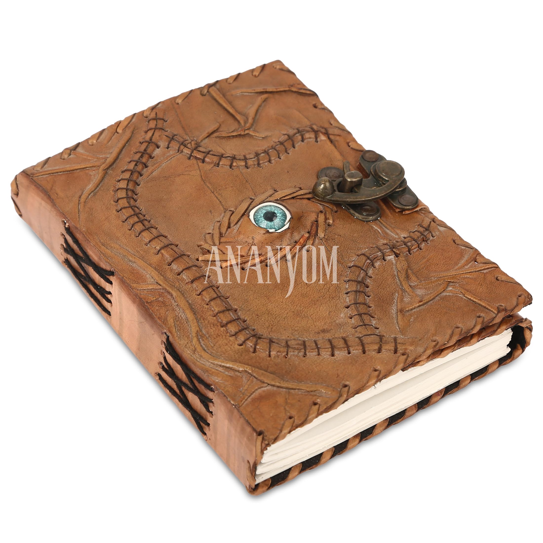 ANANYOM Handmade Leather Journal, Brown, Hocus Pocus Spell Eye Design, Genuine Leather Notebook Diary, Sketchbook with Brass Clasp Lock, Embossed Journal for Men & Women, Office Journal Handmade