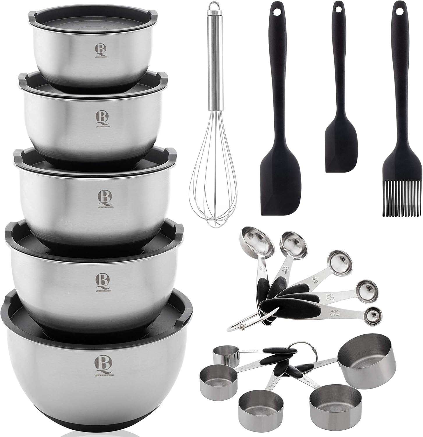 Queen Brands Mixing Bowls set of 5 - Stainless Steel Nesting Bowls with Airtight Lids Measurements Lines & Silicone Non-Slip Bottoms - Measuring Cups & Spoons Stackable Great for Baking 19 pieces