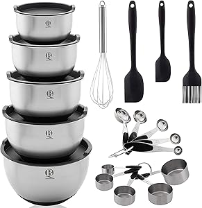 Queen Brands Mixing Bowls set of 5 - Stainless Steel Nesting Bowls with Airtight Lids Measurements Lines & Silicone Non-Slip Bottoms - Measuring Cups & Spoons Stackable Great for Baking 19 pieces