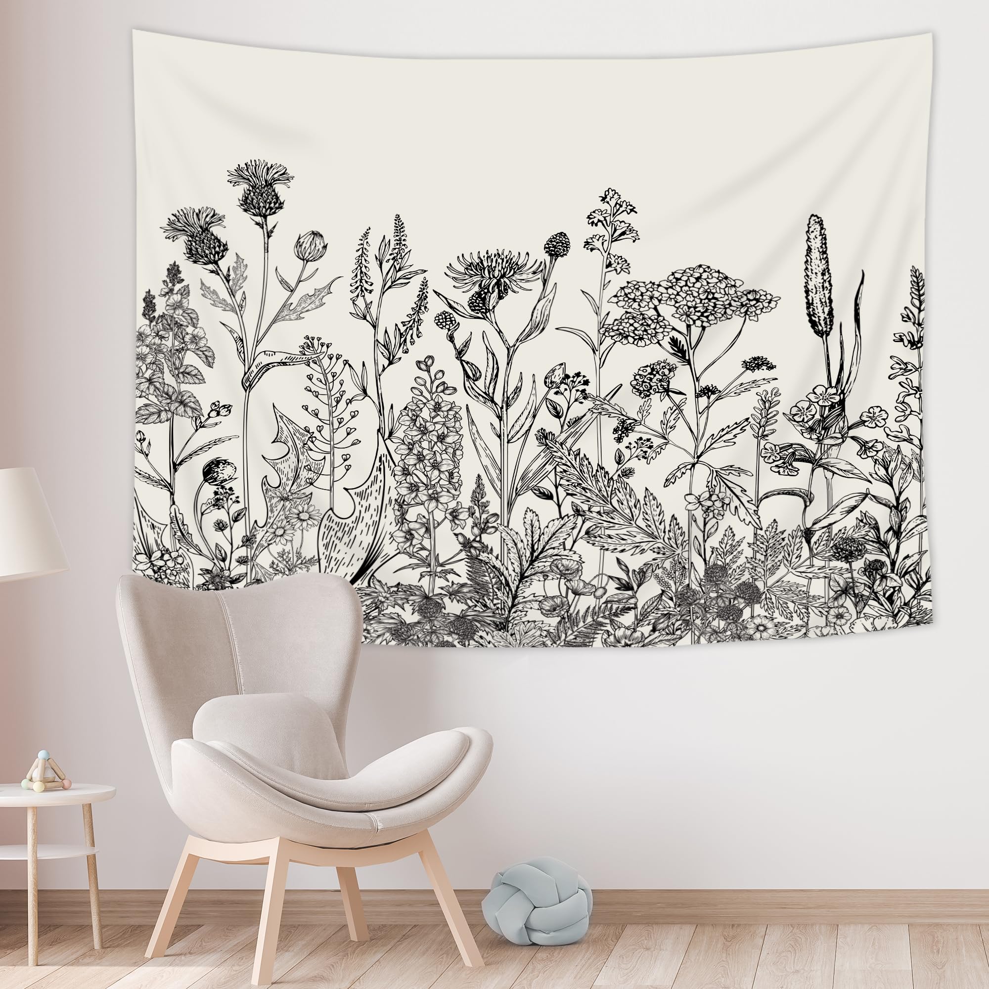 Riyidecor Floral Tapestry Wall Hanging Home Decor 59Wx51H Inch Vintage Blossom Flower Living Room Decor for Men Women Modern Aesthetic Sketch Botanical Plant Herbs Nature for Bedroom Dorm
