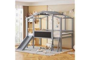 Merax Twin Loft Bed with Slide for Boys & Girls, Wood House Style with Blackboard & Light Strip, Grey