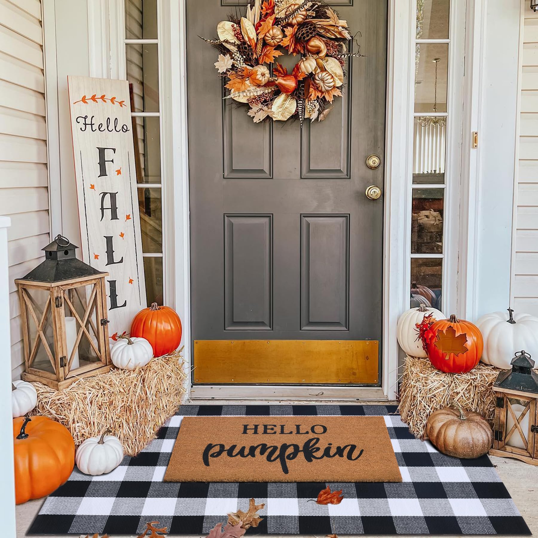 Photo 1 of Fall Decor Doormat Combo Set, 100% Coco Coir Welcome Mat + 3' x 5' Black and White Plaid Rug - Fall Thanksgiving Front Porch Entryway Decor Floor Mat, Indoor Outdoors Autumn Mats Hello Pumpkin