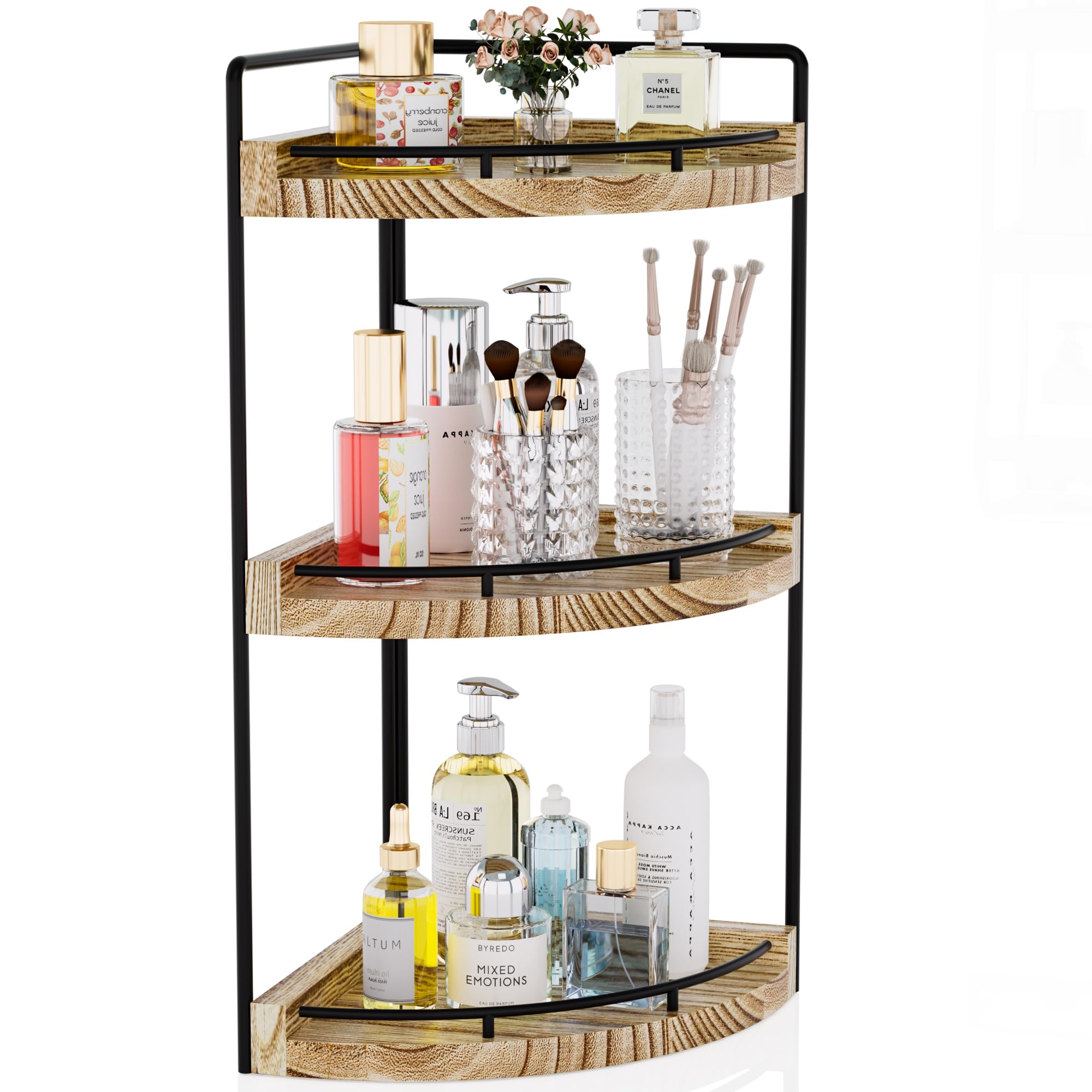 CeleVista Corner Bathroom Counter Organizer, 3 Tier Bathroom Storage Countertop for Skincare, Sink Shelf for Kitchen Decor, Vanity, Dresser, Makeup, Gift(Rustic Brown)