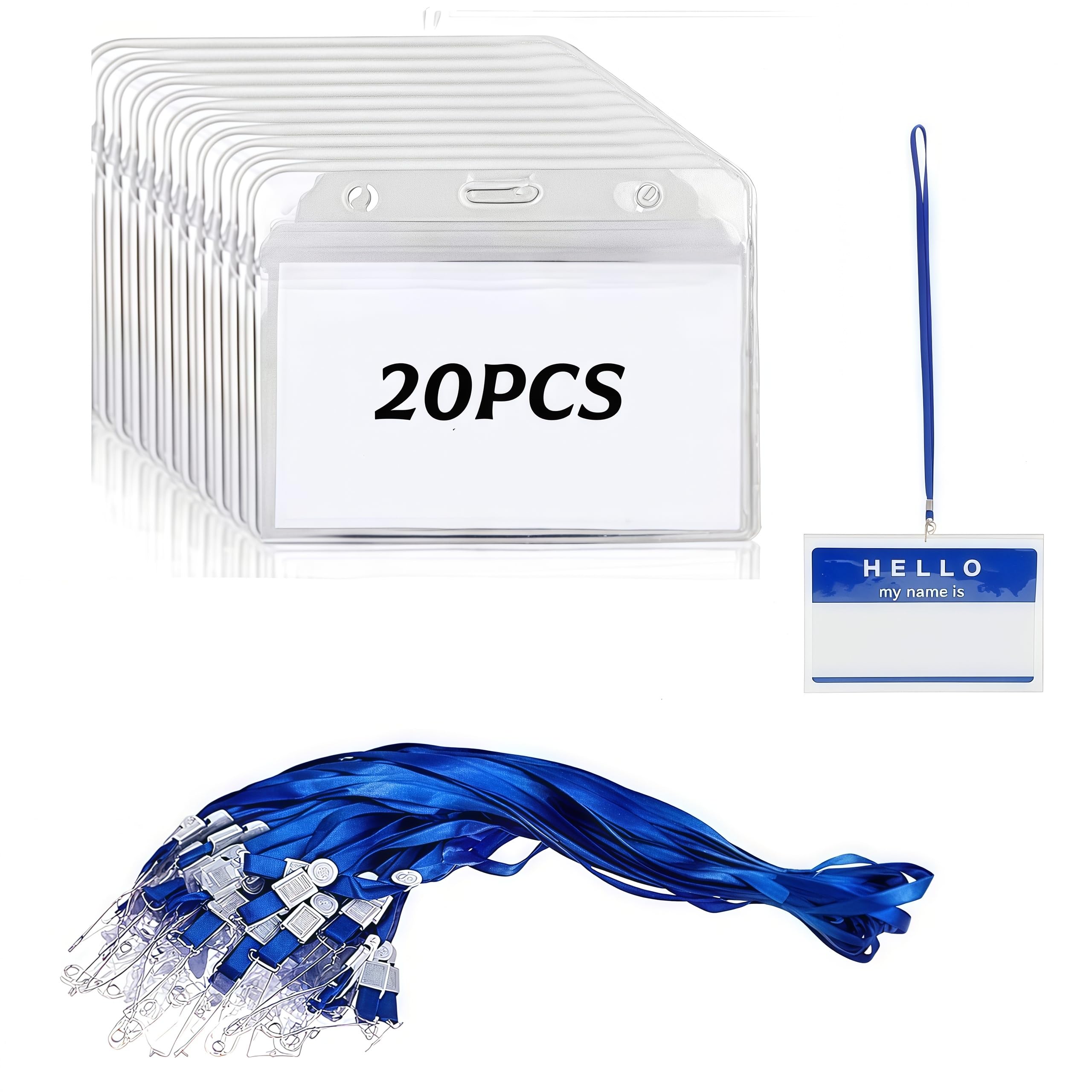20 Pcs Clear Plastic ID Card Holders with 20 Neck Lanyards | Horizontal, Sealable & Waterproof Name Badge Holders for Office, School and Event Use. Loopunk