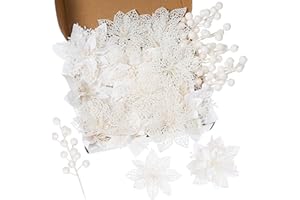 Jilimeli 24Pcs Christmas Poinsettia Artificial Flowers and Glitter Berries Kit, 2 Styles Total 16Pcs Christmas Tree Flowers Ornaments, 8Pcs Christmas Tree Picks for Wedding Holiday Decorations, White